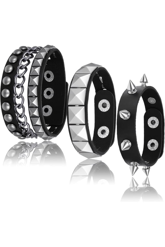3 count Punk Rock Leather Studded Bracelets for Men Women, Gothic Spike Cuff Bracelet Set for 80s 90s Emo Goth  Costume Accessories for Rocker Outfits