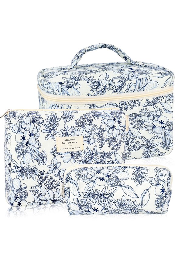 3 count Quilted Makeup Bag for Women Girls Large Small Travel Black Floral Bags Set Cute Makeup Pouch for Purse Aesthetic Cloth Flower Storage Toiletry Bag Organizer