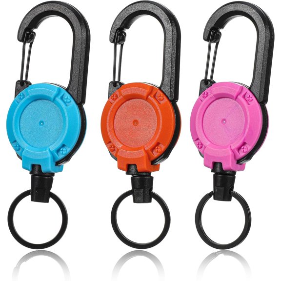 3 count Retractable Key Ring, 24" Steel Retractable Heavy Duty  for Badge Holder, ID Reel, Key Ring & Carabiner, Multi-Purpose Use