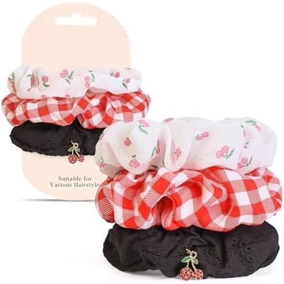 3 count Satin Scrunchies for Women, Soft Satin Hair Ties No -No Crease Hair Ties, Hair Elastics Bands, Scrunchies Ponytail Holder, Hair Accessories for Valentine's Day Gifts, Cherry&Red Stripes