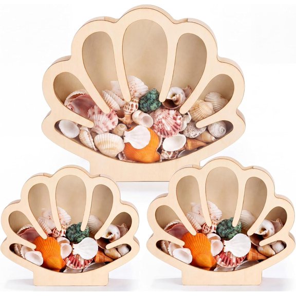3 count Seashell Display Box Wooden Shaped Sea Shell Holder with Clear Window Starfish Display Case Shadow Box for Sea Glass Storage Collection Summer Decor