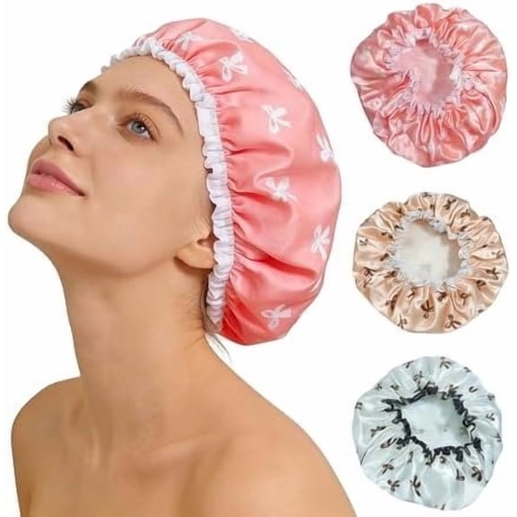 3 count Shower Caps for Women  Double  Layers, Cute Shower Bonnets for Bath with Bow Print,Flexi Hair Cover for Shower