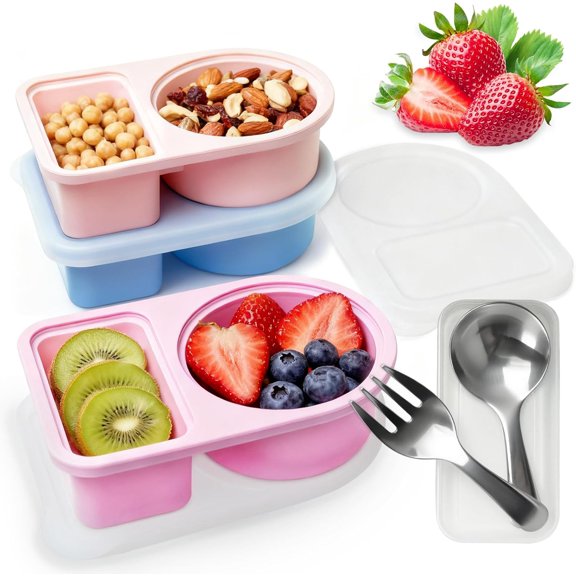 3 count   Snack Containers with , Double Compartment Snack Containers for Sauce, 8 oz    Storage Box for Lunch Includes 304 Stainless  Fork & Spoon,