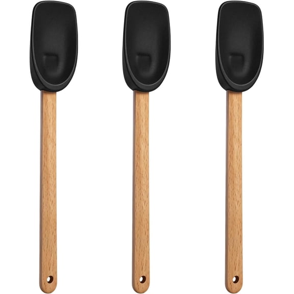3 count Spoonula Shaped Spoon with Wooden Handle Holiday Kitchen Utensil Set Black Spoonula Spatula Non-stick Cooking Tools for Mixing Stirring and Baking
