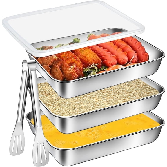 3 count Stainless Steel Breading Trays,10.4 x 7.7 x 1.9 Inch Large Breading Pan with & Tong for Dredging Chicken Breasts and Marinating Meat, Prep Trays for Fish, Panko, Schnitzel