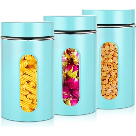 3 count Stainless Steel Canister Set with Glass Windows Visible Storage Jars  Kitchen Canister Set for Pasta Flour Oat Sugar Container, Kitchen Tools, Housewarming Gifts(Turquoise,32 oz)
