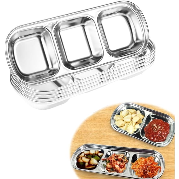 3 count Stainless Steel Sauce Tray, Divided DippingTray, 3 Compartment Appetizer Serving Tray for Sauce, Ketchup, Dressing, , 8 X 3 Inches (3 Compartment)