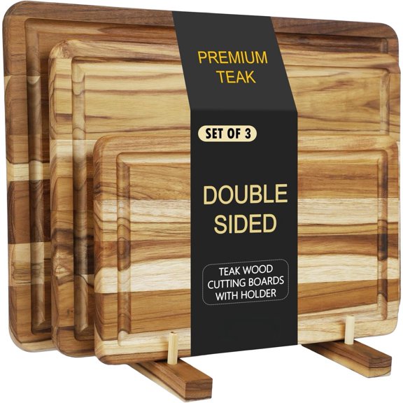 3 count Teak Board Set with Stand, Kitchen Chopping Boards with Drying Holder & Deep Juice , Charcuterie Board for Chef, Housewarming & Wedding