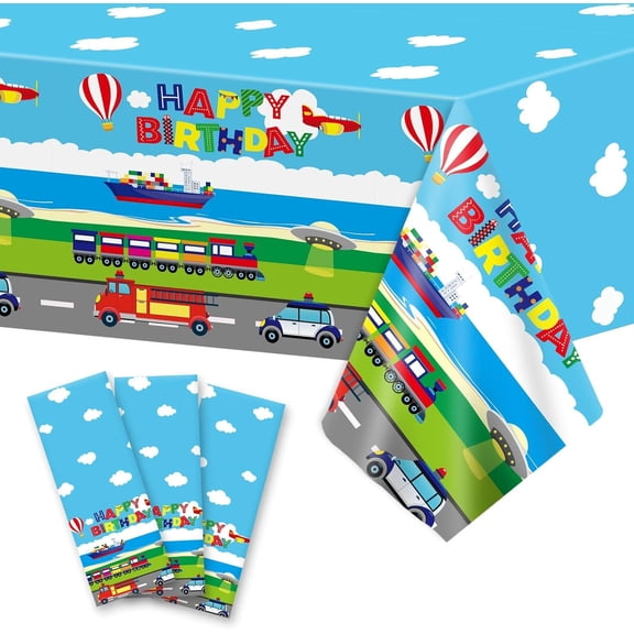 3 count Transportation Birthday Tablecloths Traffic Party Supplies Transport Table Cover Disposable Tablecloth Plastic Decorations for Birthday Party Favors