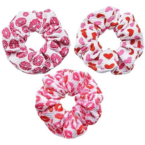 3 count Valentine Hair Scrunchies Romantic Hair Bands Valentine Heart Love Red Lips Design Hair Accessories Hair Elastic Ponytail Holders Party Favors Valentine Hair Ties for Girls Women