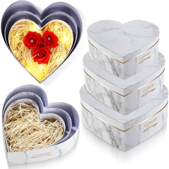 3 count Valentine's Day Heart Shaped Boxes with 100g Shredded Paper Fill Nesting Heart Flower Boxes for Valentine Wedding Birthday Showers Present Packaging(White Marble)