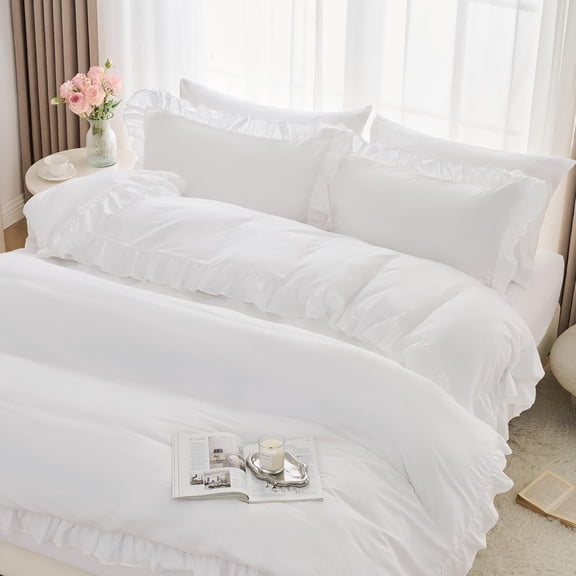 3 count White Ruffle Duvet Cover  Size Soft Microfiber Shabby Chic Ruffled Duvet Cover Set,   Country Ruffle Bedding Set with Zipper Closure & Corner Ties, 68" x 90"