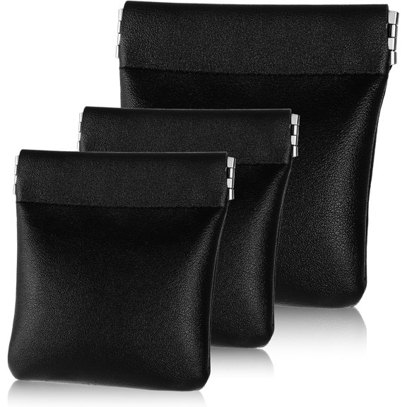 3 count No Zipper Pouch 2 Size PU Leather Purse Change Holder Portable Small Bag Travel Kit Storage Pouch Purse Lipstick Hearing Accessories Organizer - Black