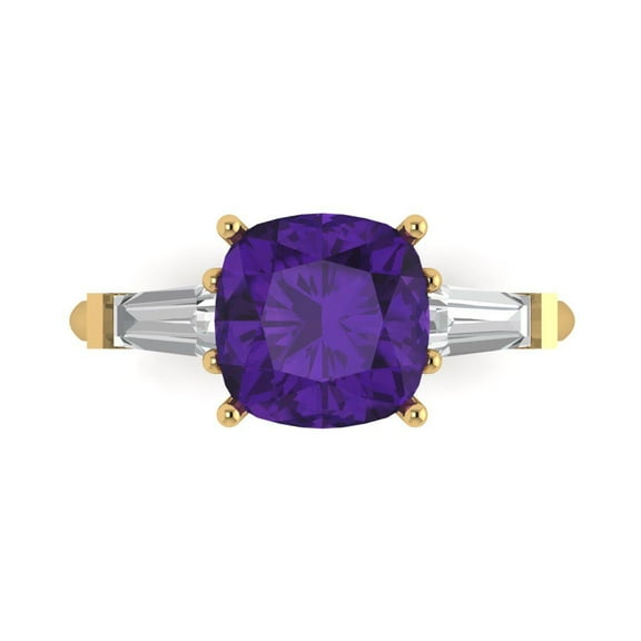 3 ct Cushion Cut Natural Amethyst 3 Stone 14K Yellow Gold Womens Engagement Ring