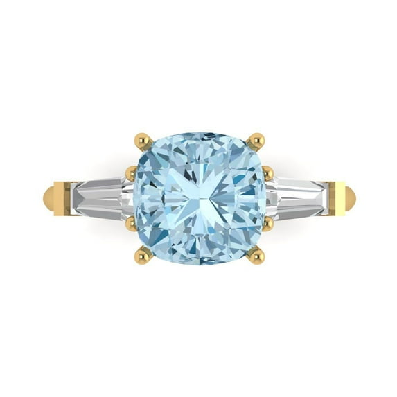 Clara Pucci 14K Yellow Gold Solid Gold Aquamarine Three-Stone Anniversary Ring for Women - 3 cttw Cushion Cut