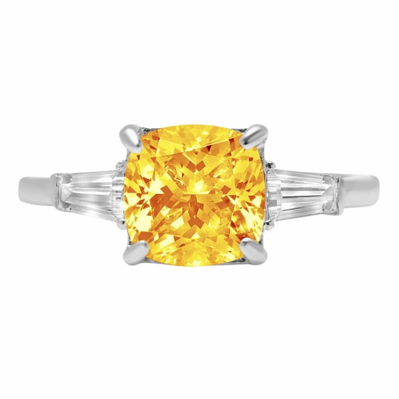 3 ct Cushion Cut Natural Citrine 3 Stone 14K White Gold Womens Engagement Ring