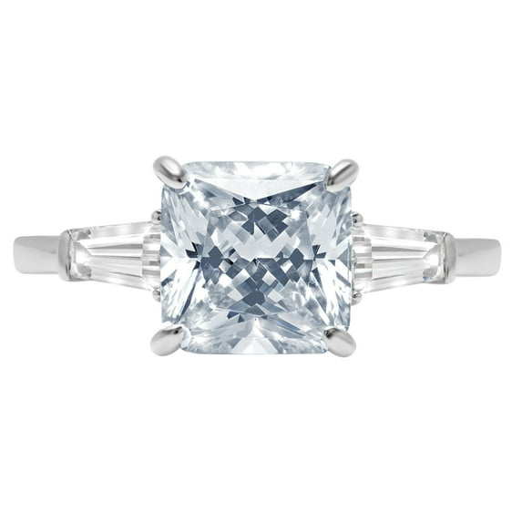 3 ct Cushion Cut Natural Swiss Blue Topaz 3 Stone 14K White Gold Womens Engagement Ring