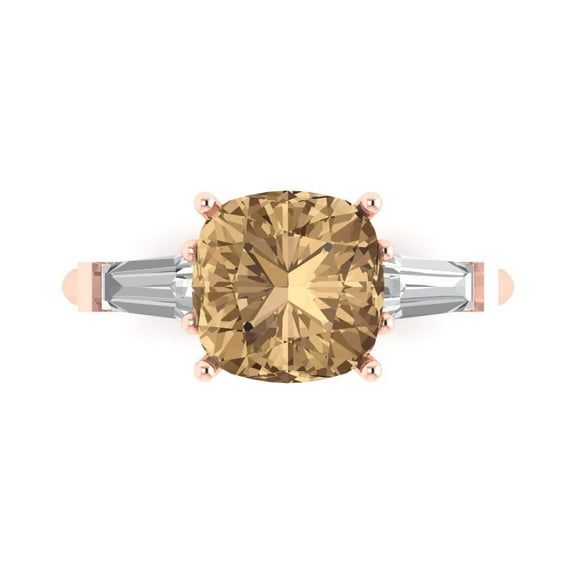 Clara Pucci 14K Rose Gold Solid Gold Champagne Three-Stone Anniversary Ring for Women - 3 cttw Cushion Cut