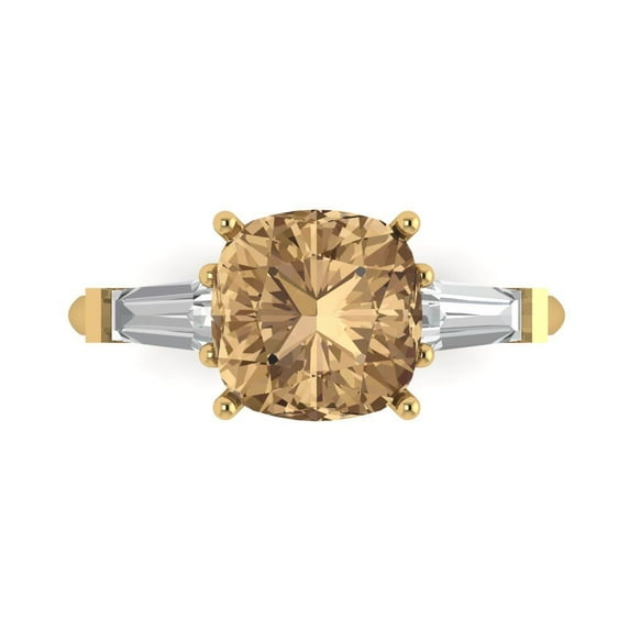 3 ct Cushion Cut Simulated Champagne Diamond Three-Stone Engagement Ring for Women in 18K Yellow Gold