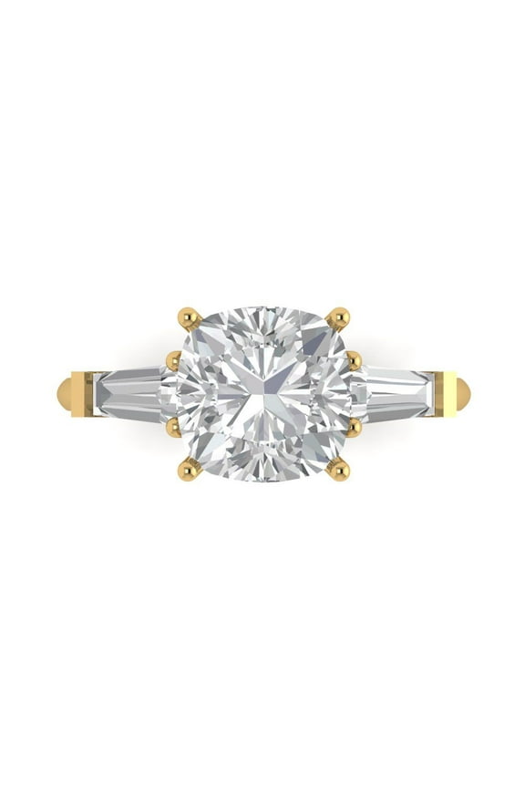 3 ct Cushion Cut Simulated Diamond Three-Stone Engagement Ring for Women in 18K Yellow Gold