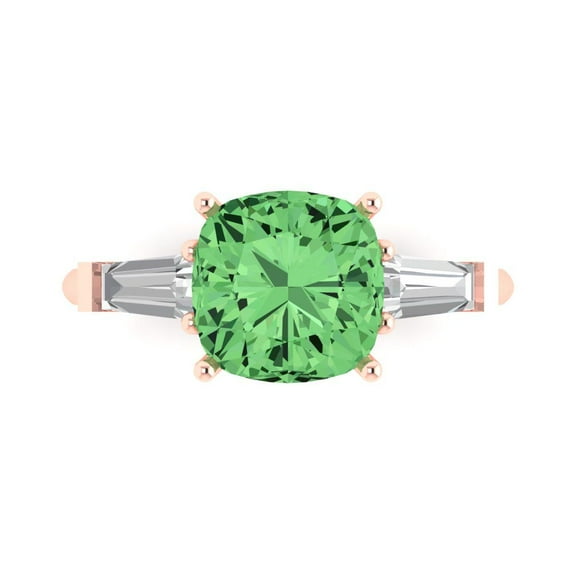 3 ctw 3 Stone Anniversary Ring for Women | Cushion Cut Simulated Green Diamond | Hyperallergenic Solid 18K Rose Gold