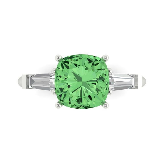 3 ctw 3 Stone Anniversary Ring for Women | Cushion Cut Simulated Green Diamond | Hyperallergenic Solid 18K White Gold