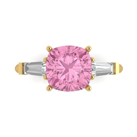 3 ct Cushion Cut Simulated Pink Diamond Three-Stone Engagement Ring for Women in 18K Yellow Gold