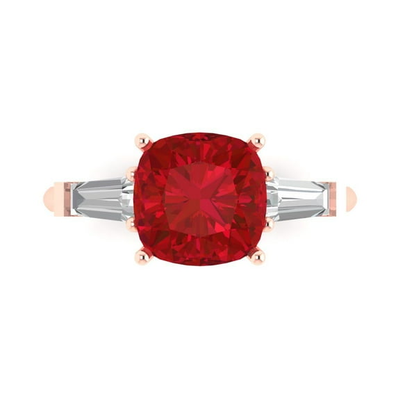 3 ctw 3 Stone Anniversary Ring for Women | Cushion Cut Simulated Ruby | Hyperallergenic Solid 14K Rose Gold