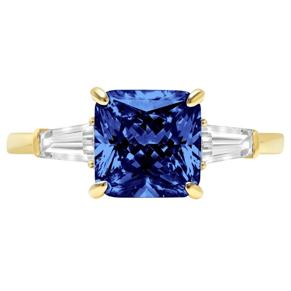 3 ct Cushion Cut Simulated Tanzanite 3 Stone 14K Yellow Gold Womens Engagement Ring