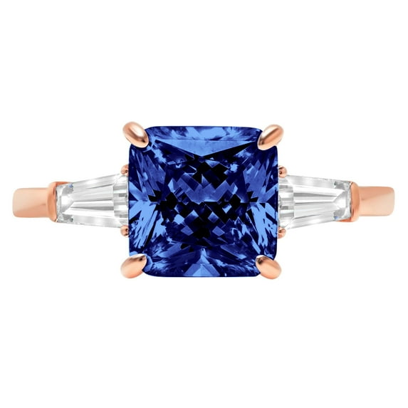 3 ct Cushion Cut Simulated Tanzanite 3 Stone 18K Rose Gold Womens Engagement Ring
