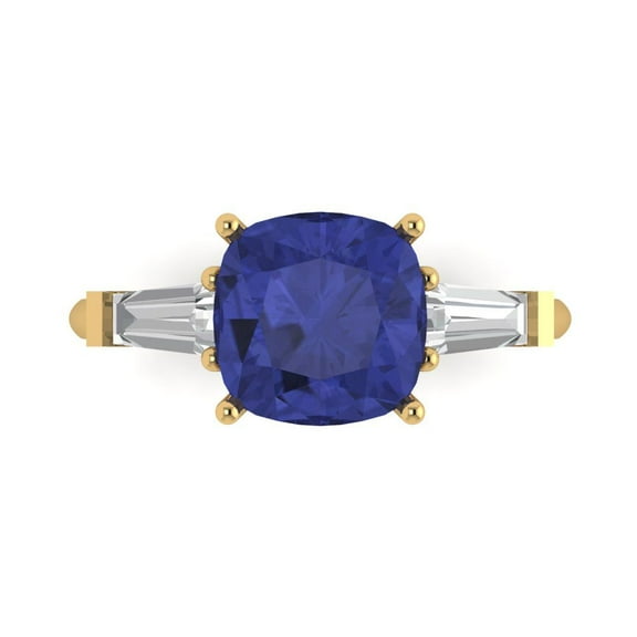 3 ct Cushion Cut Simulated Tanzanite Three-Stone Engagement Ring for Women in 14K Yellow Gold