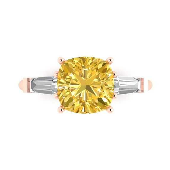 3 ct Cushion Cut Simulated Yellow Diamond 3 Stone 18K Rose Gold Womens Engagement Ring