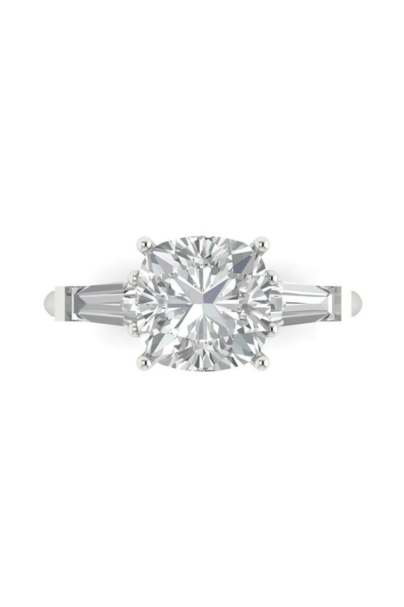 3 ct Cushion Cut White Sapphire Three-Stone Engagement Ring for Women in 14K White Gold