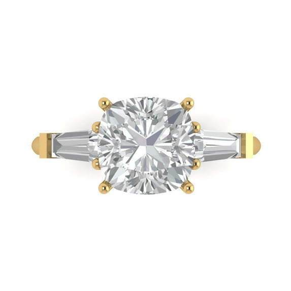 3 ct Cushion Cut White Sapphire Three-Stone Engagement Ring for Women in 18K Yellow Gold