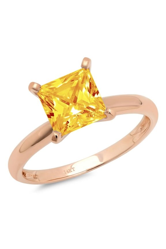 3 ct Princess Cut Natural Citrine Solitaire 18K Rose Gold Womens Engagement Ring