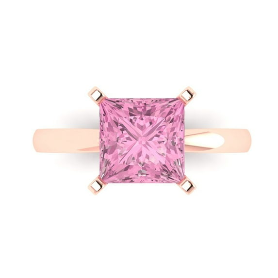Clara Pucci 14K Rose Gold Solid Gold Pink Solitaire Anniversary Ring for Women - 3 cttw Princess Cut