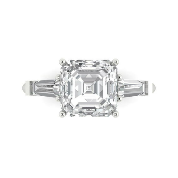 3 ct asscher cut clear Crystal 18k white gold engraving statement Bridal Wedding three-stone Designer Ring size 6