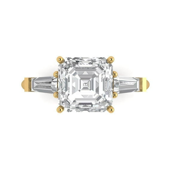 3 ct asscher cut clear Crystal 18k yellow gold engraving statement Bridal Wedding three-stone Designer Ring size 7.5