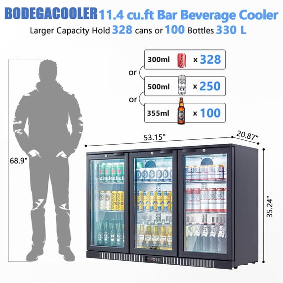 3-door Back Bar Beverage Refrigerator – 11.4 Cu.ft Commercial Counter-height Cooler With Led Display For Beer, Wine & Soda