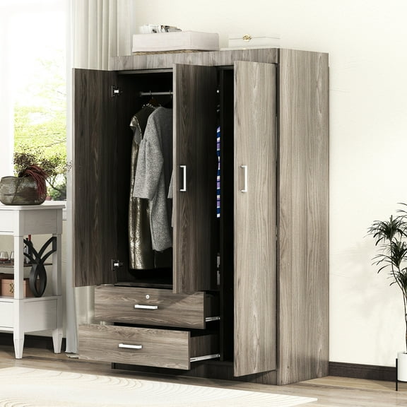 3-door Bedroom Wardrobe With 2 Drawers, Gray Wood Grain Feature Modern Cheering