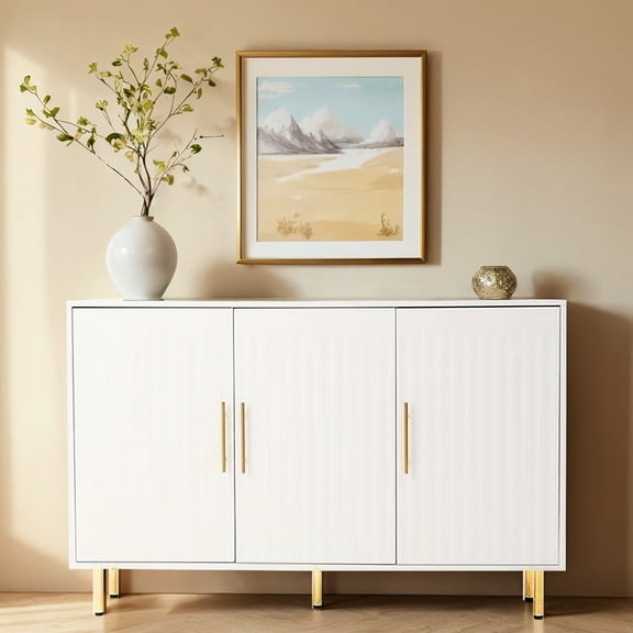 3-door Buffet Cabinet In White. Gold Handles And Fluted Doors. Ideal For Various Styles. Fits Living, Dining, Kitchen Storage Kitchen. Door Elegance