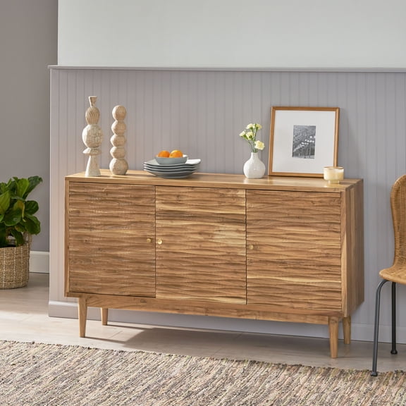 3-door Sideboard With Wood - Look, Natural Finish, Ample Storage Space, 58" W X 16" D 32" H 3 Door Cabinet For A Sophisticated Look