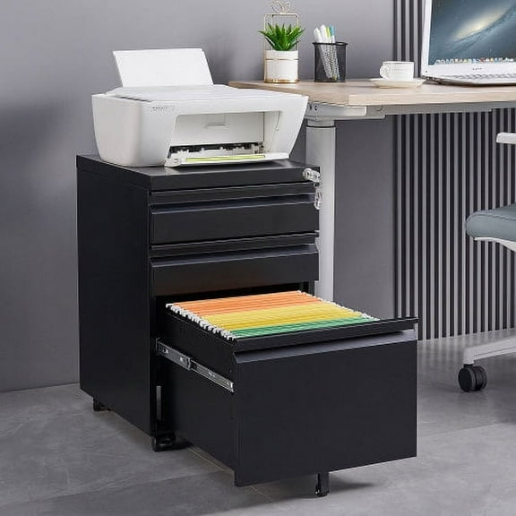3-drawer mobile filing cabinet with lock, office storage filing cabinet of legal/letter size, metal filing cabinet to be Installation required (black)