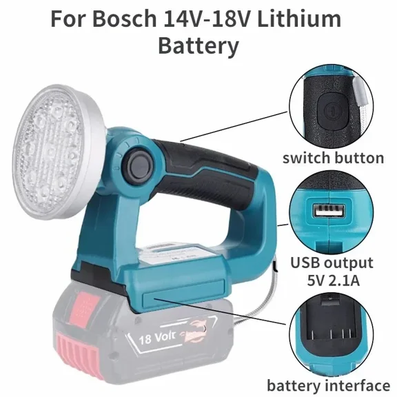 3" for Bos*ch 14.4V-18V Lithium Battery LED Flashlight Lamp with USB Outdoor Emergency Lighting Spotlight