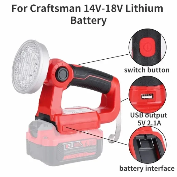 3" for Crafts*man 14.4V-20V Lithium Battery LED Flashlight Lamp with USB Outdoor Emergency Lighting Spotlight