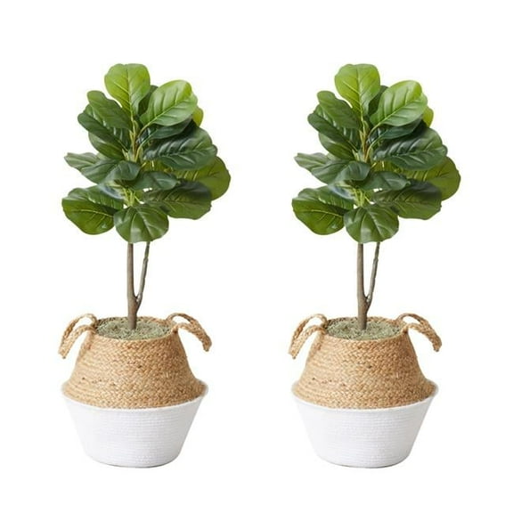 3 ft. Artificial Fiddle Leaf Fig Tree with Handmade Cotton & Jute Woven Planter DIY Kit, Green & White - Set of 2