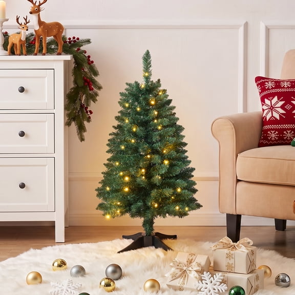 DR.Planzen 3FT Mini Pre Lit Christmas Tree - Artificial Tabletop Xmas Tree with 50 LED Lights, 8 Lighting Modes, 160 PVC Branches for Home Office Apartment Holiday Decorations