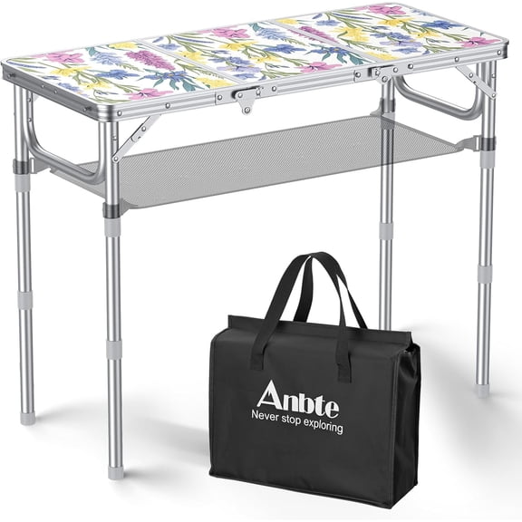 3 ft Folding Camping Table with Adjustable Heights, Storage Net and Carry Bag  Spring Blossom Floral Design