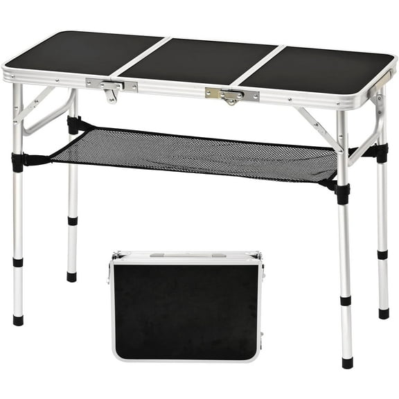 3 ft Folding Table, Folding Camping Table with Storage Net, Lightweight Portable Aluminum Foldable Table with Adjustable Height Max 27.5 Inch Outdoor Table for Picnic Travel, Black