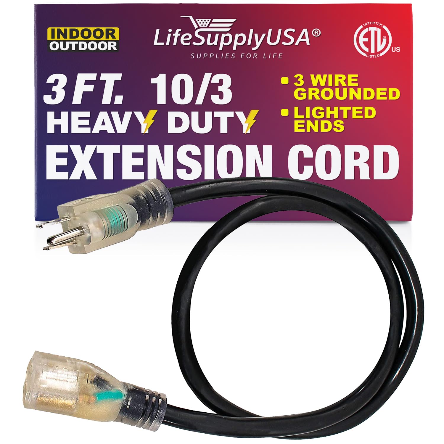 ft Power Extension Cord Outdoor  Indoor Heavy Duty 10 gauge/3 prong SJTW  (Black) Lighted end Extra Durability 15 AMP 125 Volts 1875 Watts ETL listed  by LifeSupplyUSA